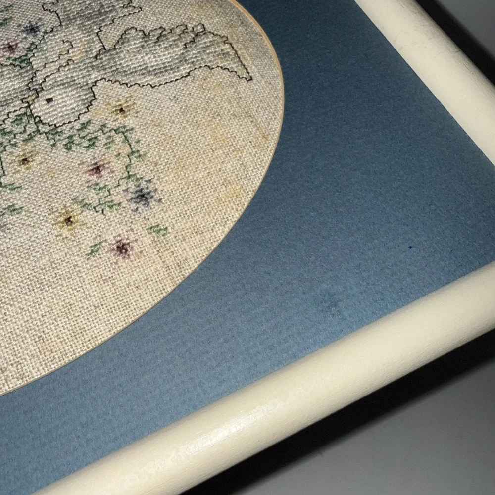 Vintage Needlepoint Picture 10x13 White Framed Matted Dove Prayer No Glass